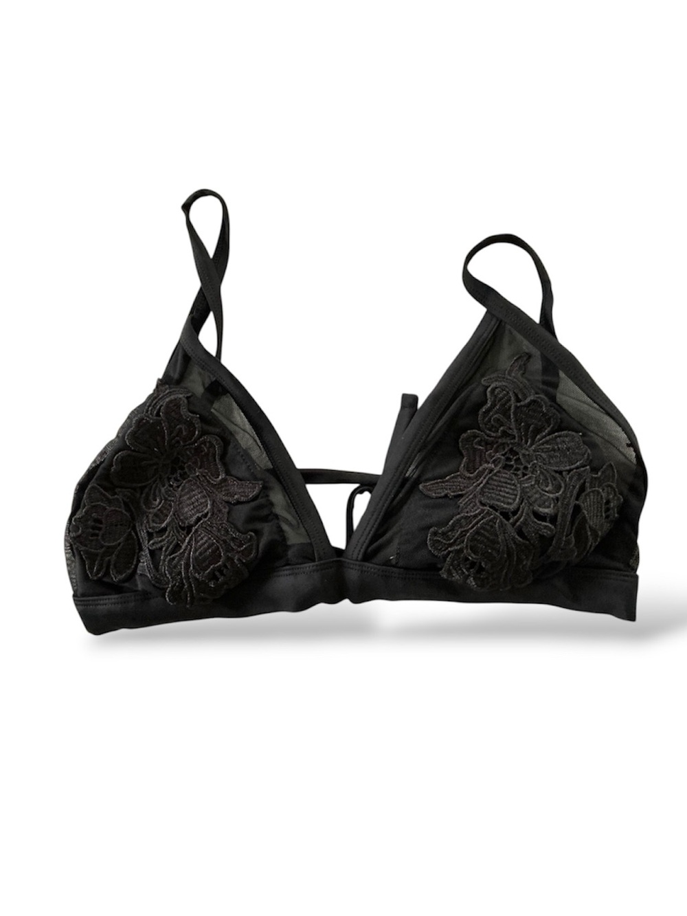 black appliqué mesh triangle bikini top